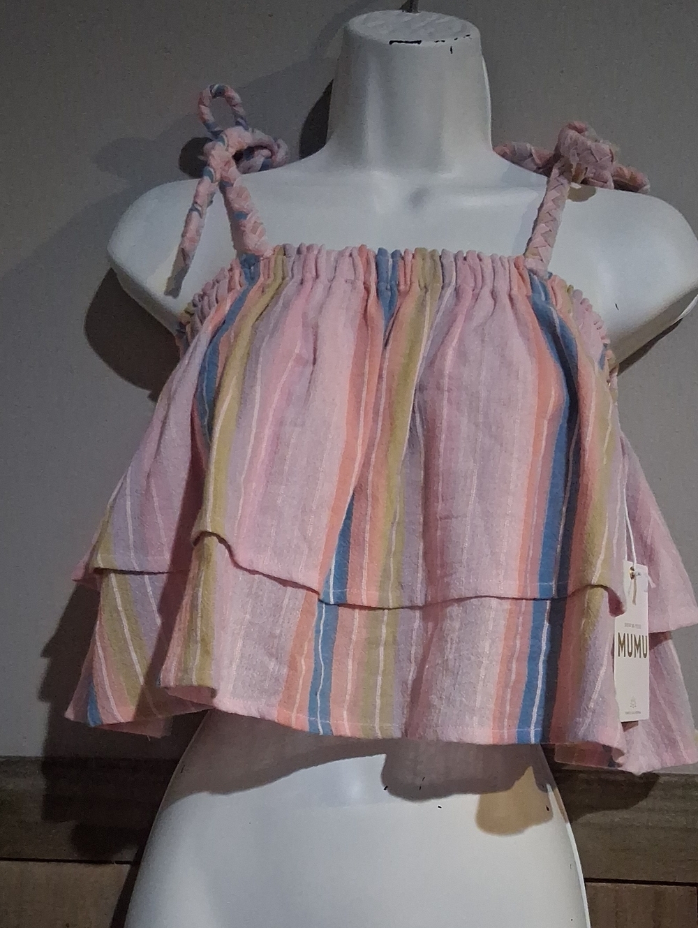 Show Me Your MuMu Pastel Pink Multi-Stripe Ruffle Tie-Shoulder Crop Top